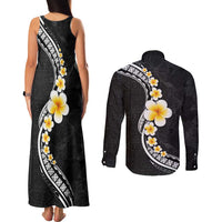 Pacific Hibiscus and Plumeria with Tapa Pattern Couples Matching Tank Maxi Dress and Long Sleeve Button Shirt Black Color