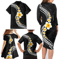 Pacific Hibiscus and Plumeria with Tapa Pattern Family Matching Long Sleeve Bodycon Dress and Hawaiian Shirt Black Color