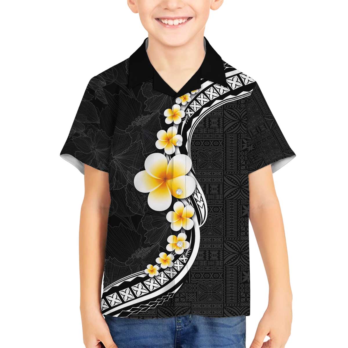 Pacific Hibiscus and Plumeria with Tapa Pattern Family Matching Off Shoulder Short Dress and Hawaiian Shirt Black Color