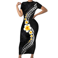 Pacific Hibiscus and Plumeria with Tapa Pattern Family Matching Short Sleeve Bodycon Dress and Hawaiian Shirt Black Color