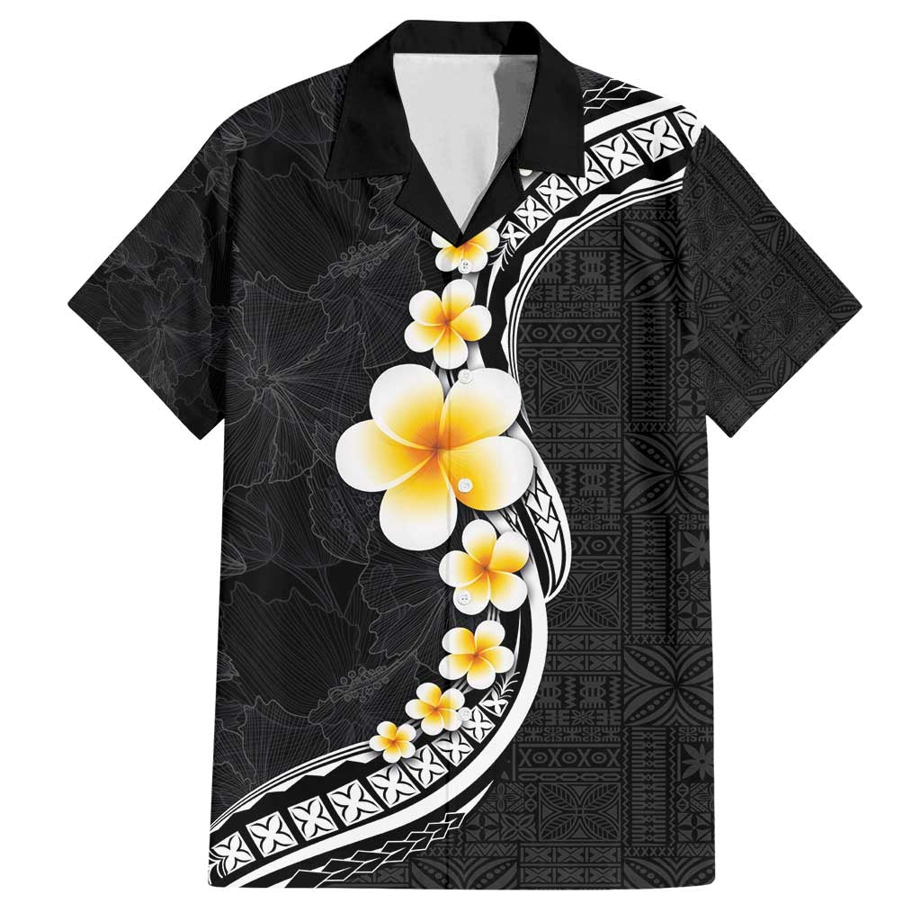 Pacific Hibiscus and Plumeria with Tapa Pattern Family Matching Tank Maxi Dress and Hawaiian Shirt Black Color