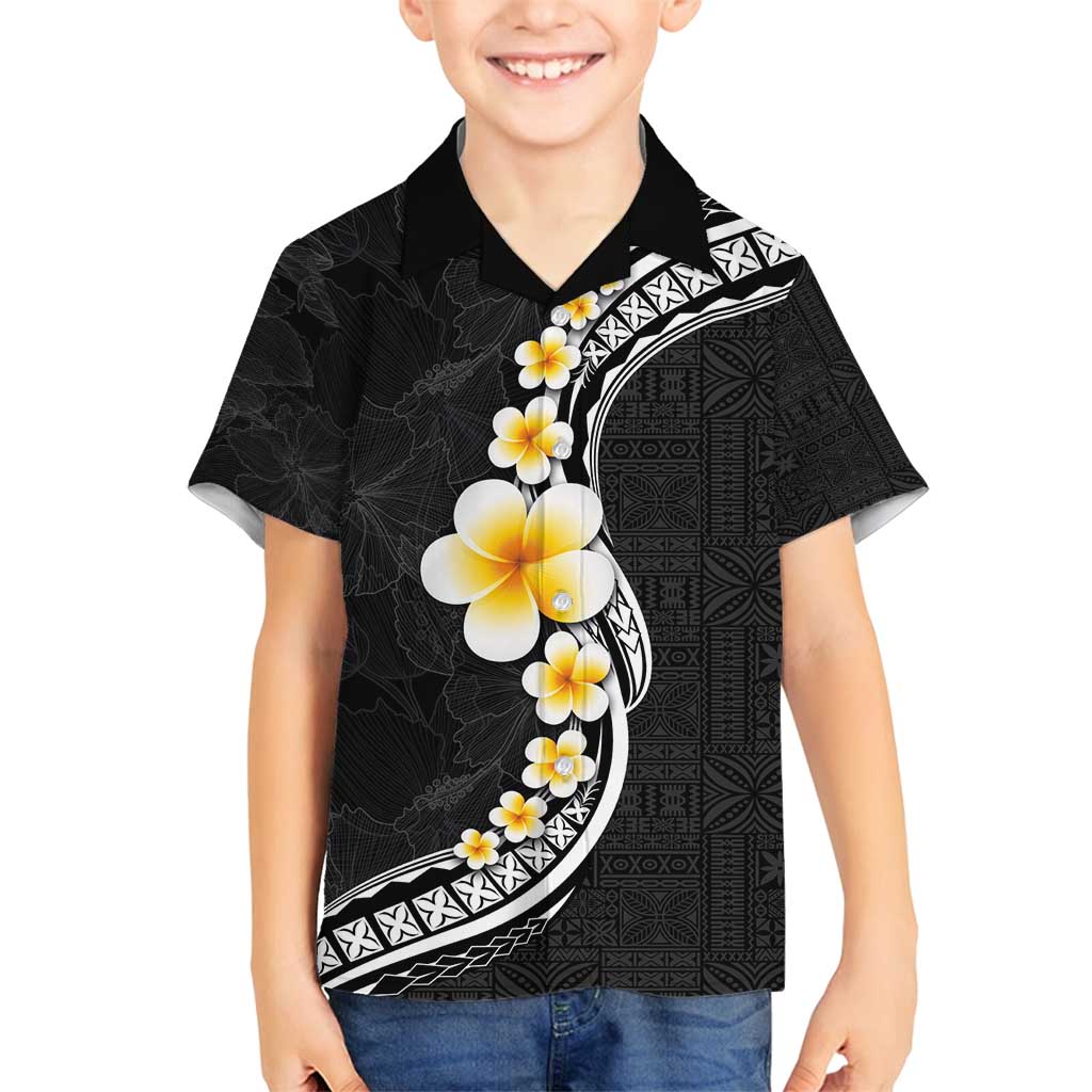 Pacific Hibiscus and Plumeria with Tapa Pattern Family Matching Tank Maxi Dress and Hawaiian Shirt Black Color