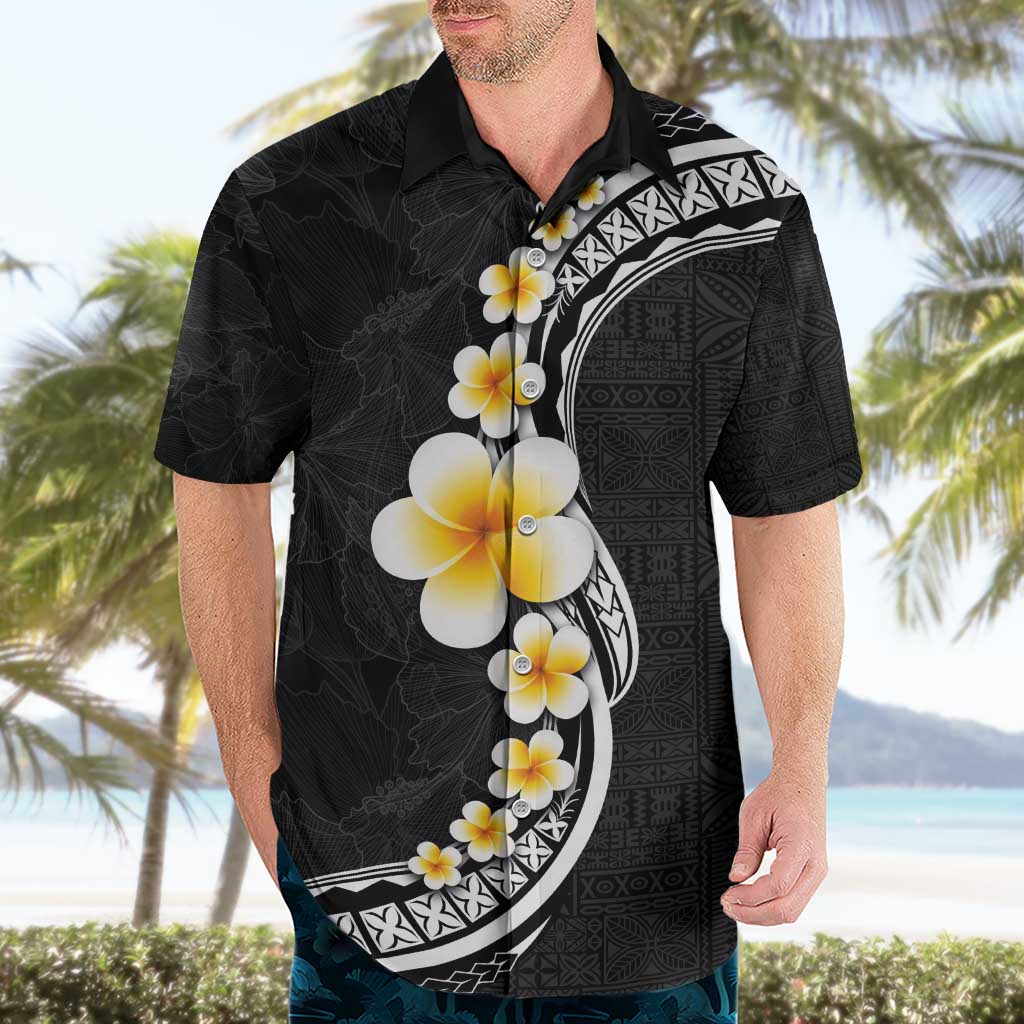 Pacific Hibiscus and Plumeria with Tapa Pattern Hawaiian Shirt Black Color