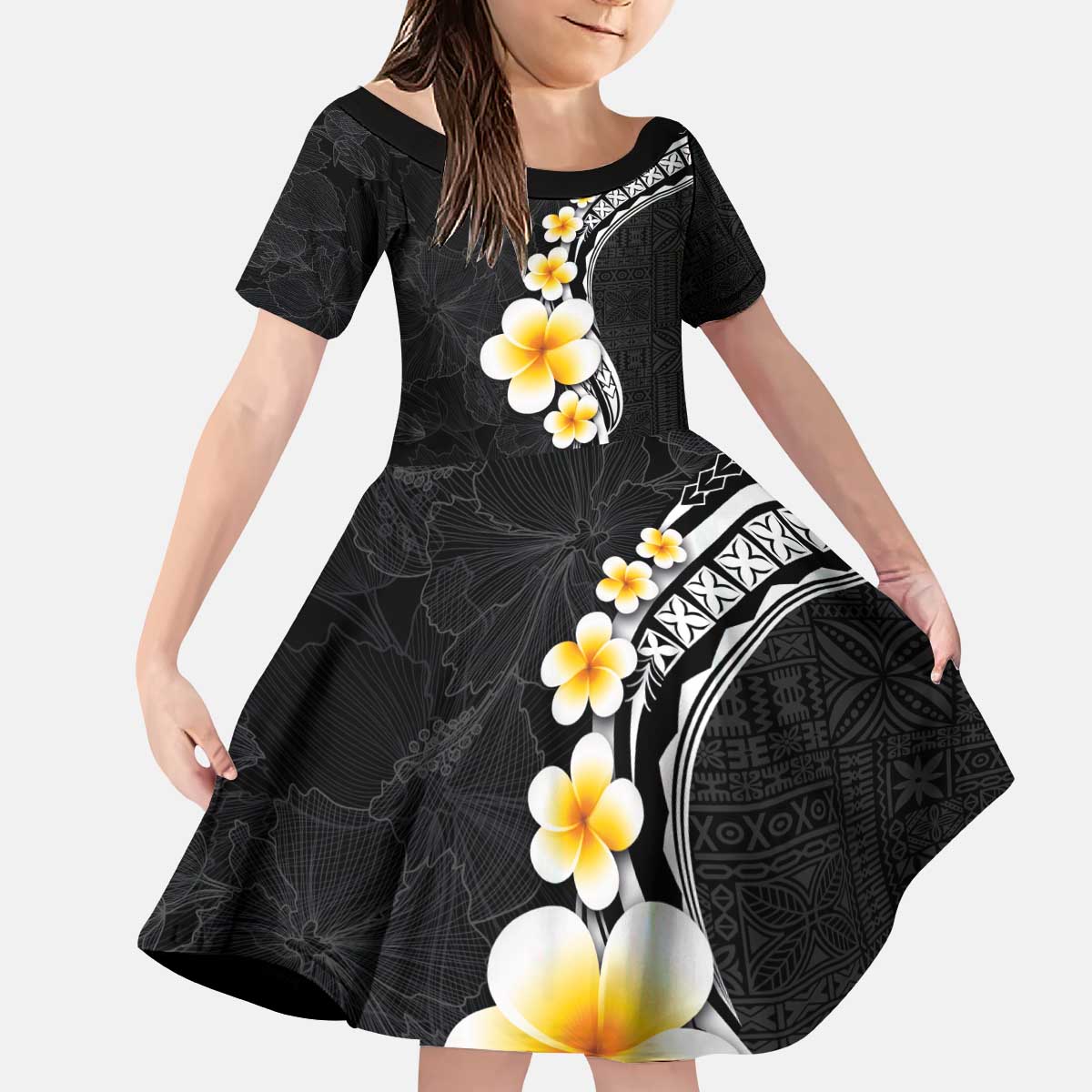 Pacific Hibiscus and Plumeria with Tapa Pattern Kid Short Sleeve Dress Black Color LT03 KID Black - Polynesian Pride