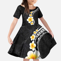 Pacific Hibiscus and Plumeria with Tapa Pattern Kid Short Sleeve Dress Black Color LT03 KID Black - Polynesian Pride