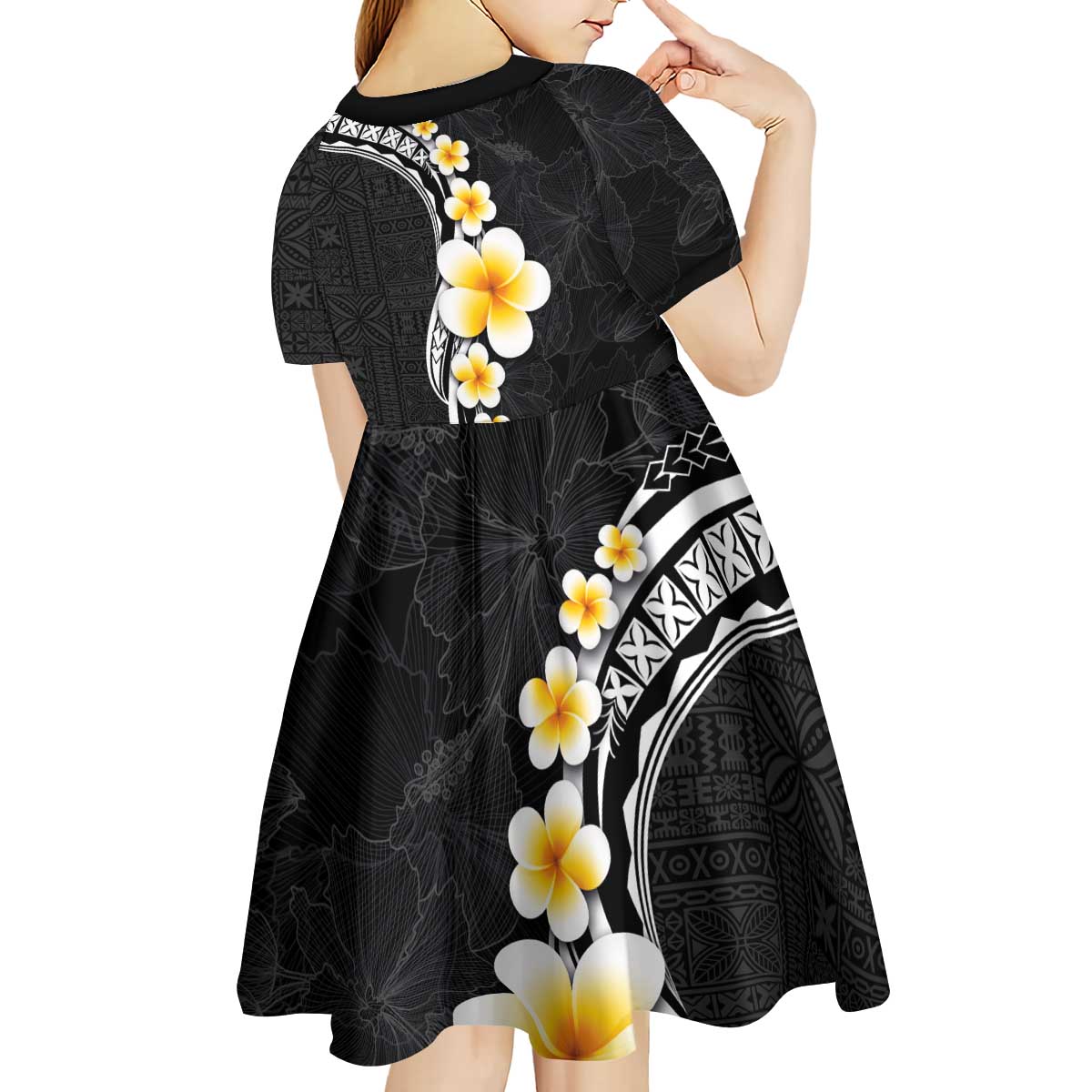 Pacific Hibiscus and Plumeria with Tapa Pattern Kid Short Sleeve Dress Black Color LT03 - Polynesian Pride