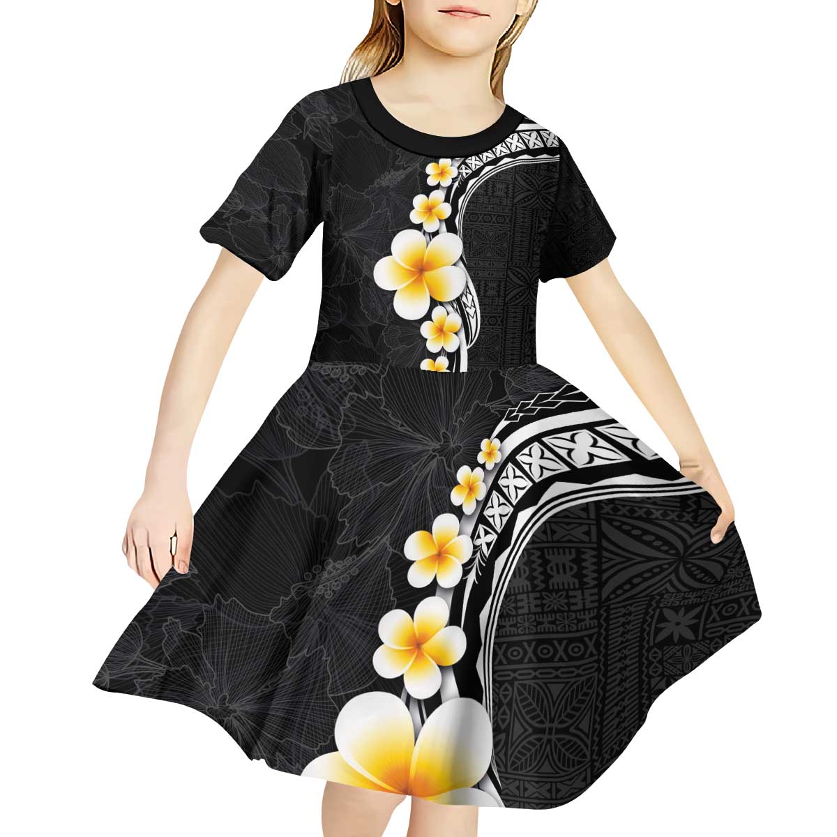 Pacific Hibiscus and Plumeria with Tapa Pattern Kid Short Sleeve Dress Black Color LT03 - Polynesian Pride