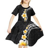 Pacific Hibiscus and Plumeria with Tapa Pattern Kid Short Sleeve Dress Black Color LT03 - Polynesian Pride