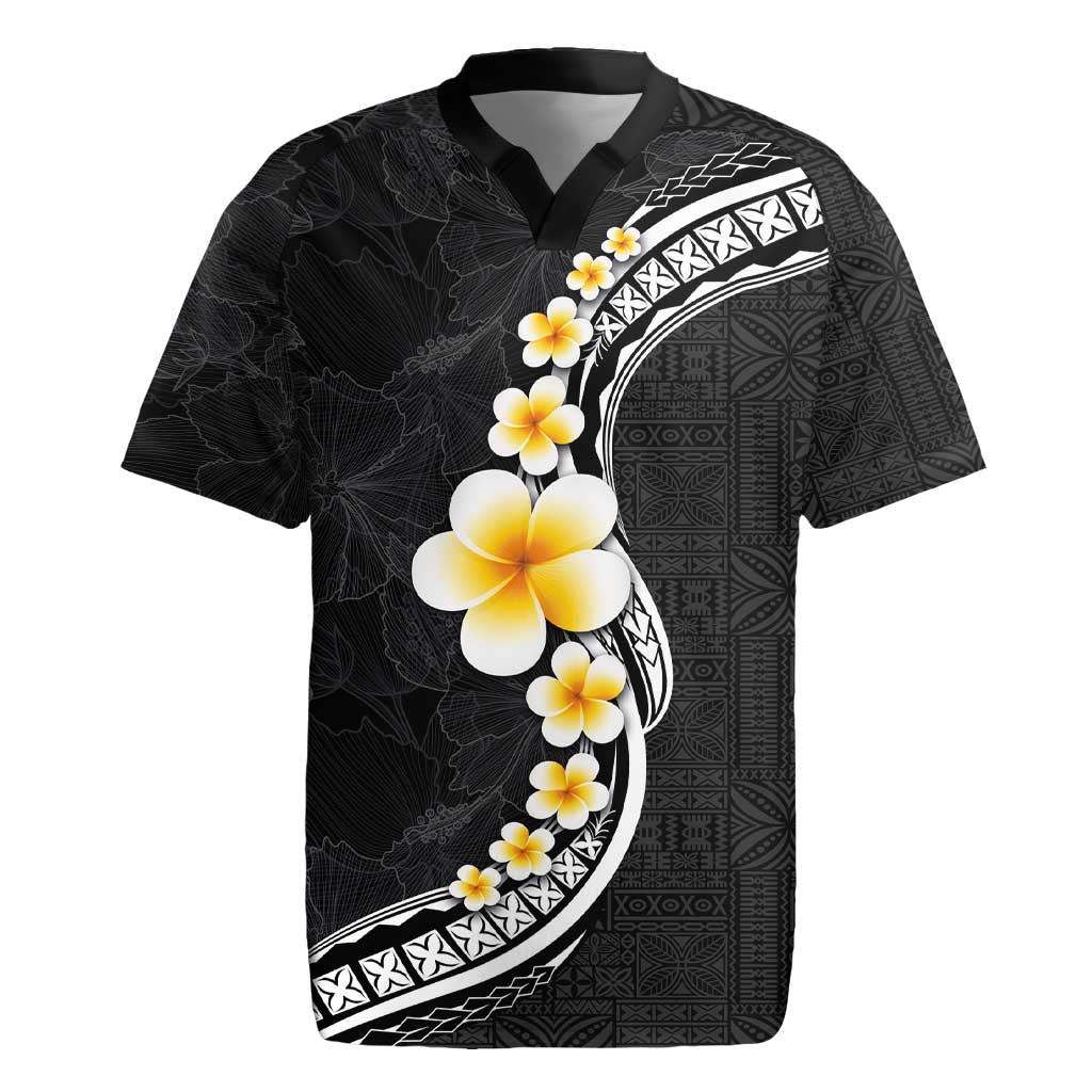 Pacific Hibiscus and Plumeria with Tapa Pattern Rugby Jersey Black Color