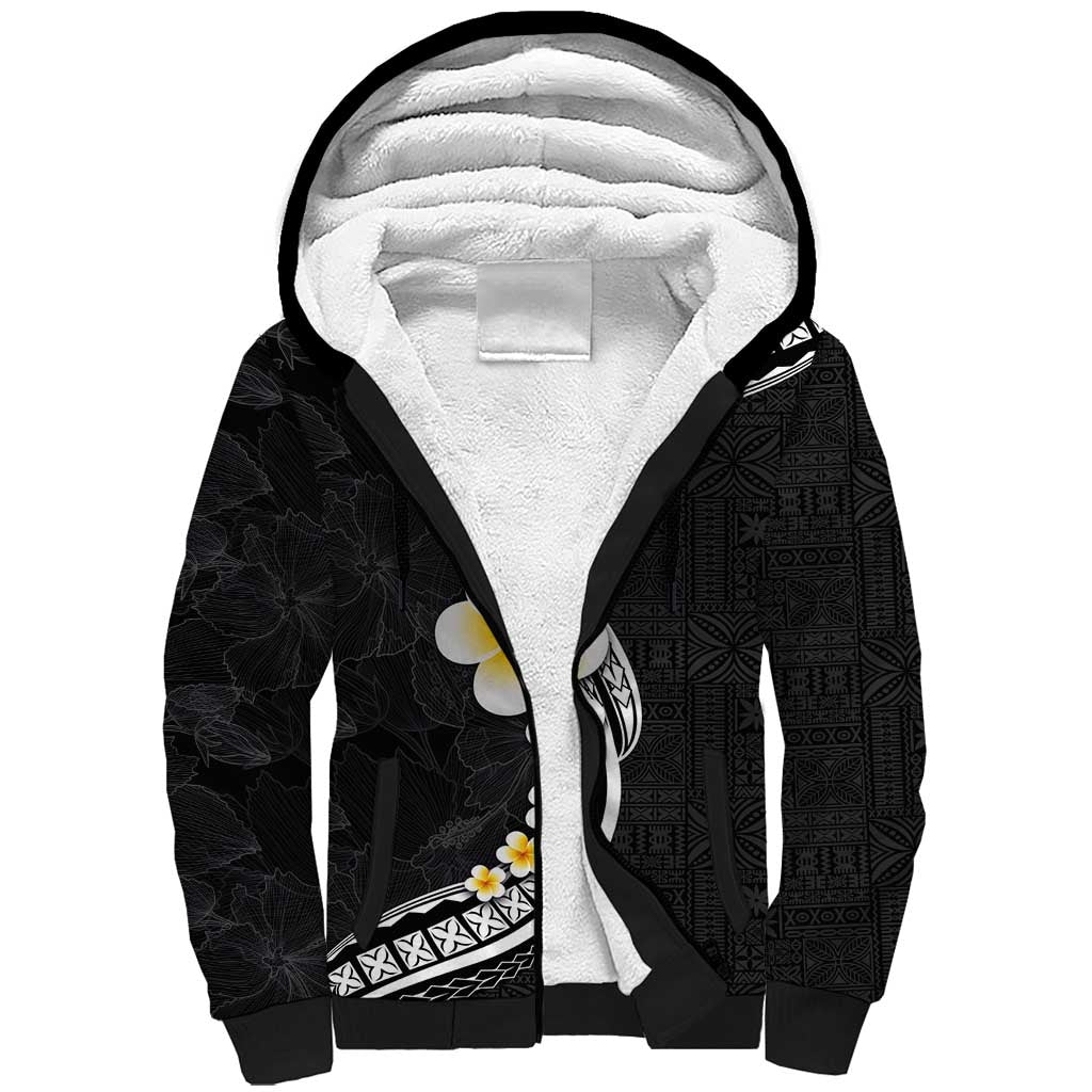 Pacific Hibiscus and Plumeria with Tapa Pattern Sherpa Hoodie Black Color LT03 Unisex Black - Polynesian Pride
