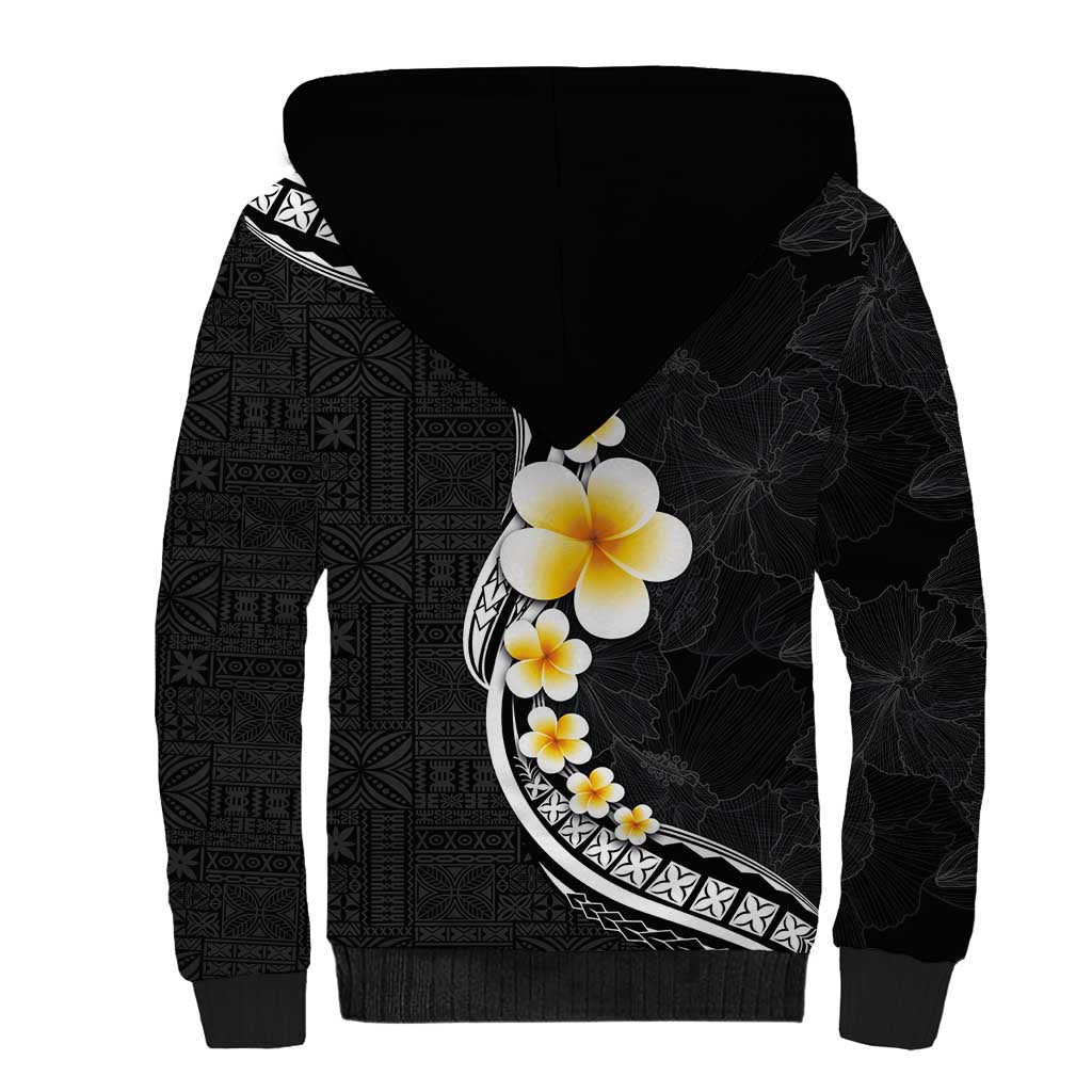 Pacific Hibiscus and Plumeria with Tapa Pattern Sherpa Hoodie Black Color LT03 - Polynesian Pride