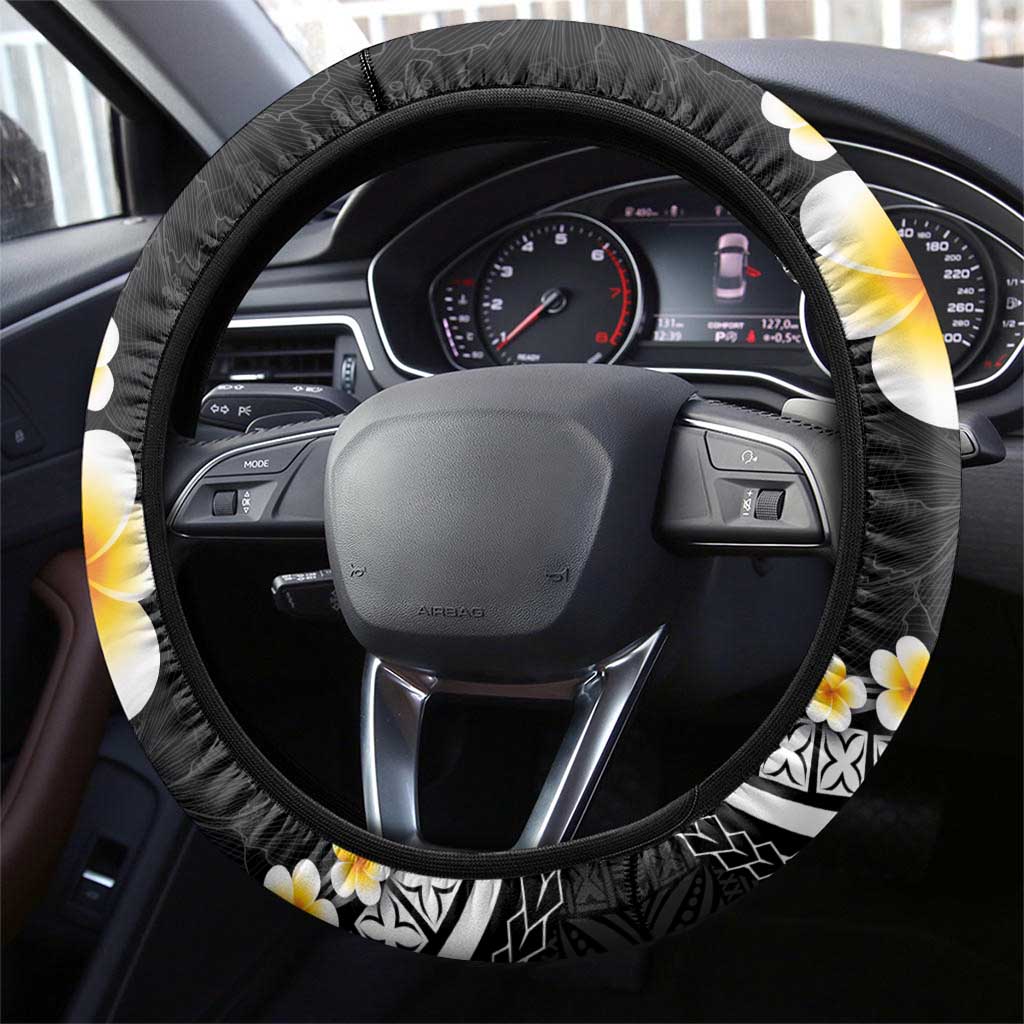 Pacific Hibiscus and Plumeria with Tapa Pattern Steering Wheel Cover Black Color
