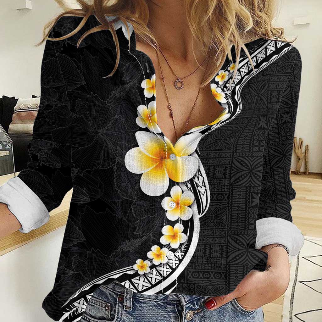 Pacific Hibiscus and Plumeria with Tapa Pattern Women Casual Shirt Black Color