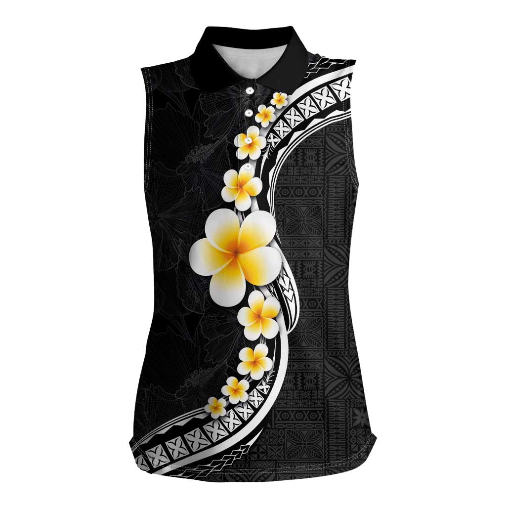 Pacific Hibiscus and Plumeria with Tapa Pattern Women Sleeveless Polo Shirt Black Color LT03 Female Black - Polynesian Pride
