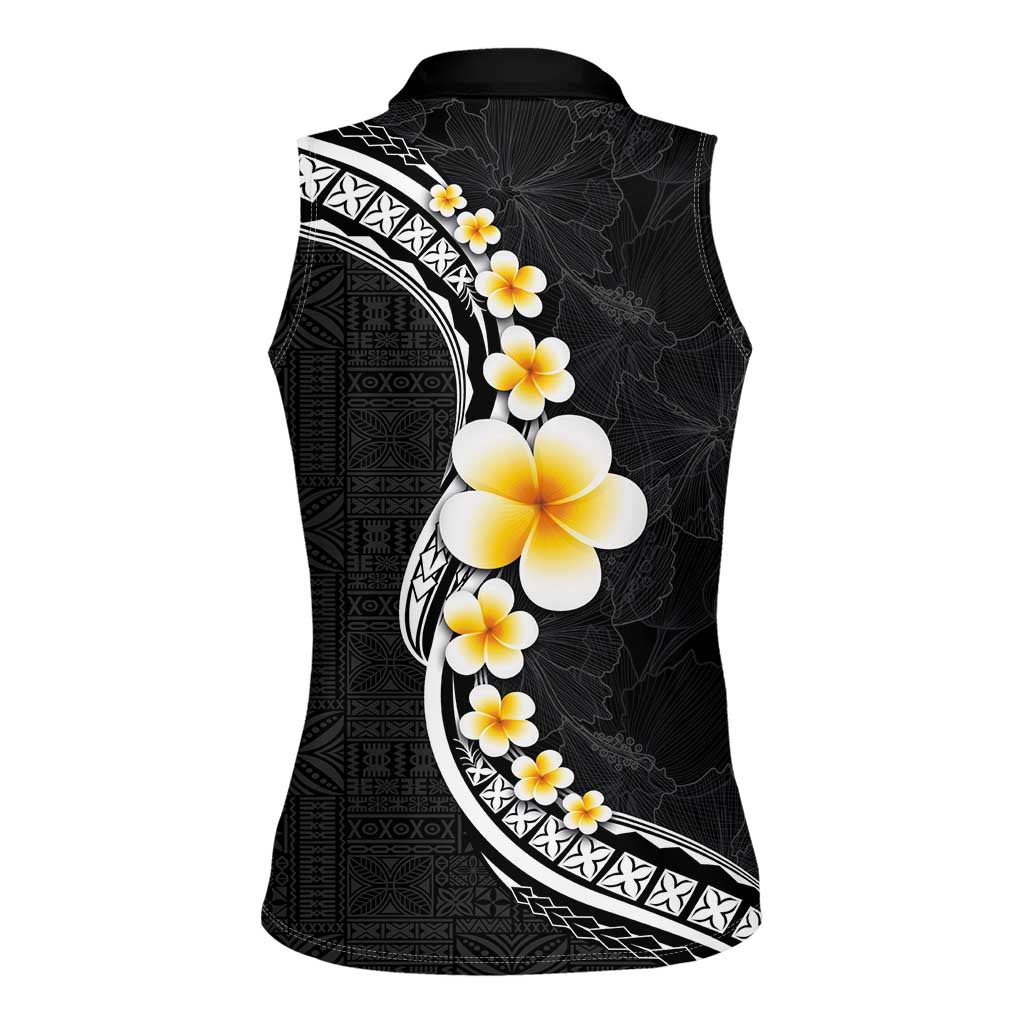 Pacific Hibiscus and Plumeria with Tapa Pattern Women Sleeveless Polo Shirt Black Color LT03 - Polynesian Pride