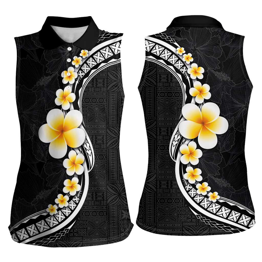 Pacific Hibiscus and Plumeria with Tapa Pattern Women Sleeveless Polo Shirt Black Color LT03 - Polynesian Pride