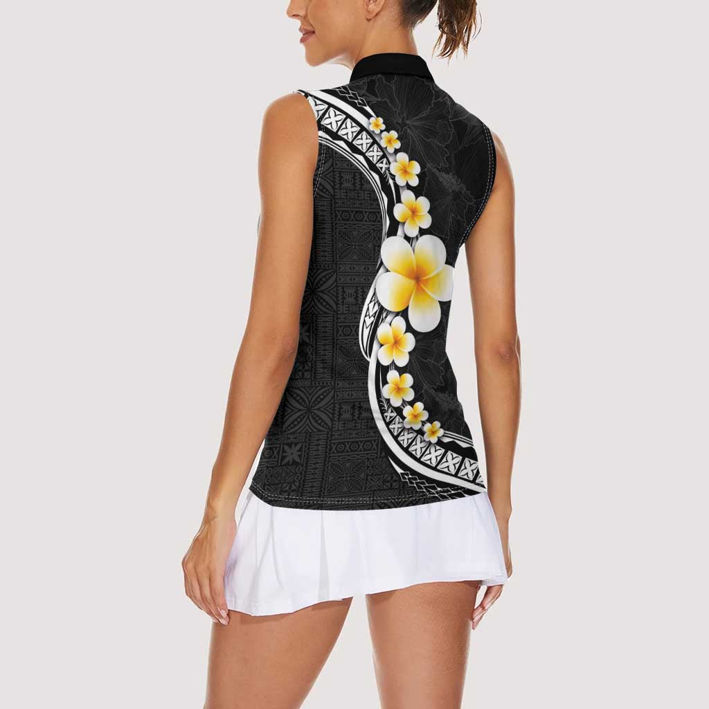 Pacific Hibiscus and Plumeria with Tapa Pattern Women Sleeveless Polo Shirt Black Color LT03 - Polynesian Pride