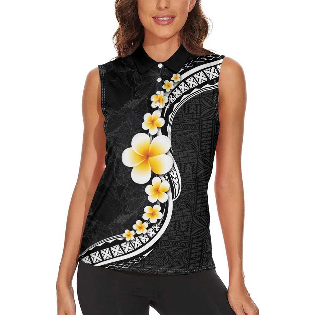 Pacific Hibiscus and Plumeria with Tapa Pattern Women Sleeveless Polo Shirt Black Color LT03 - Polynesian Pride