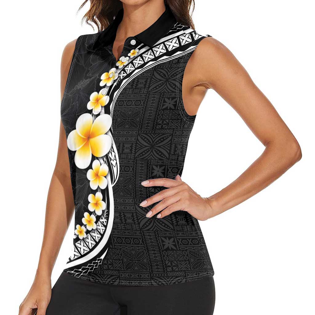 Pacific Hibiscus and Plumeria with Tapa Pattern Women Sleeveless Polo Shirt Black Color LT03 - Polynesian Pride