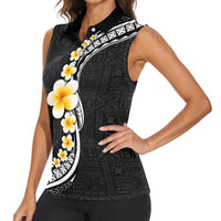 Pacific Hibiscus and Plumeria with Tapa Pattern Women Sleeveless Polo Shirt Black Color LT03 - Polynesian Pride