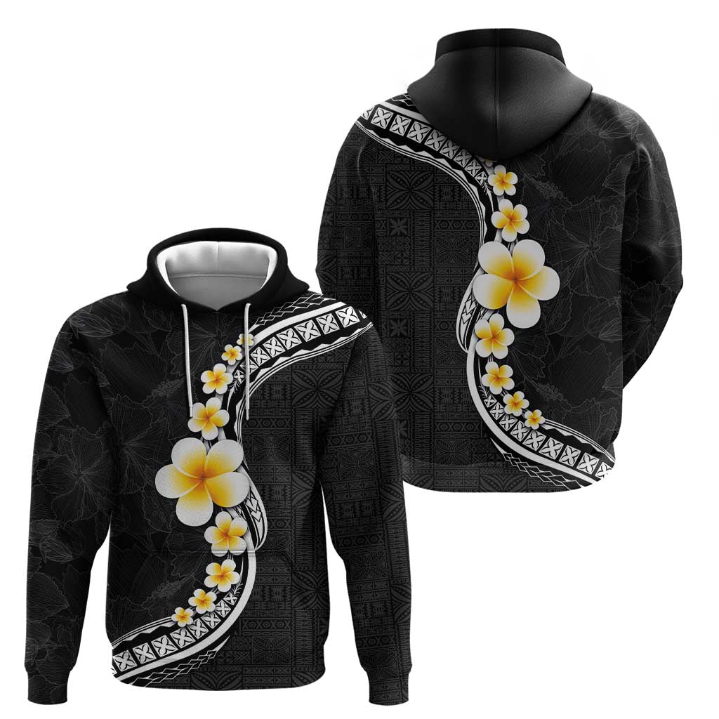 Pacific Hibiscus and Plumeria with Tapa Pattern Zip Hoodie Black Color