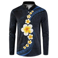 Pacific Hibiscus and Plumeria with Tapa Pattern Button Sweatshirt Dark Blue Color