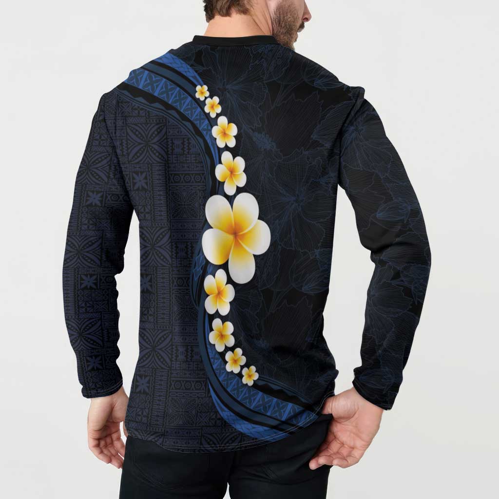Pacific Hibiscus and Plumeria with Tapa Pattern Button Sweatshirt Dark Blue Color