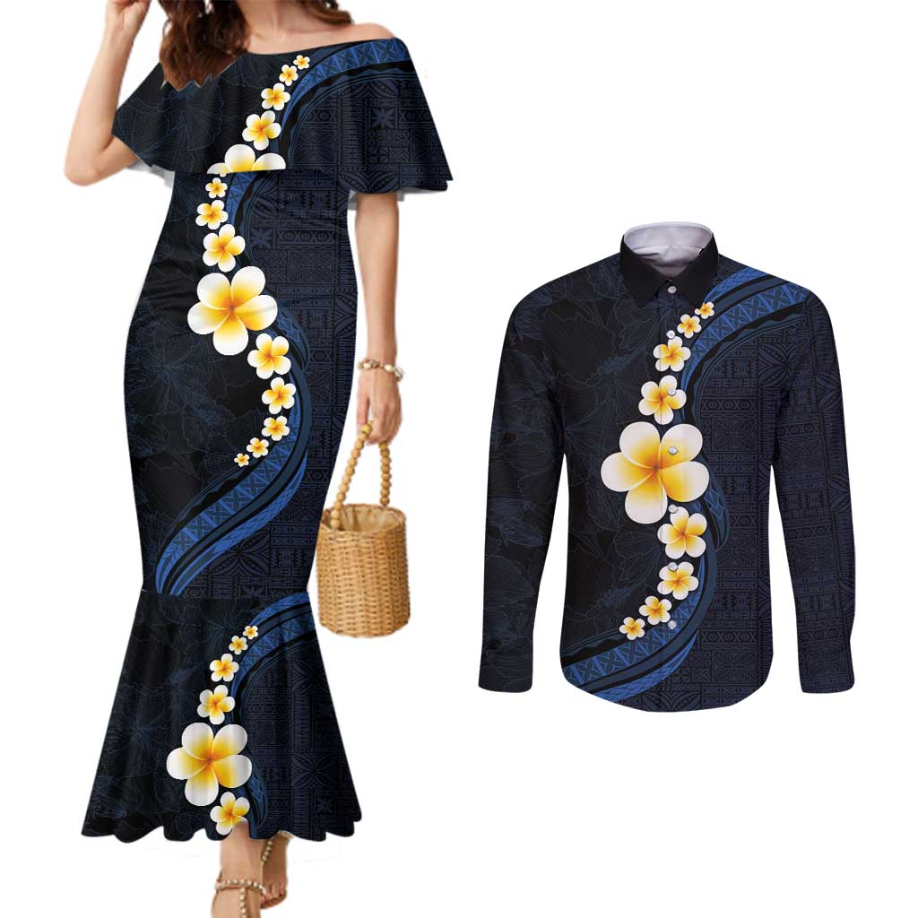 Pacific Hibiscus and Plumeria with Tapa Pattern Couples Matching Mermaid Dress and Long Sleeve Button Shirt Dark Blue Color