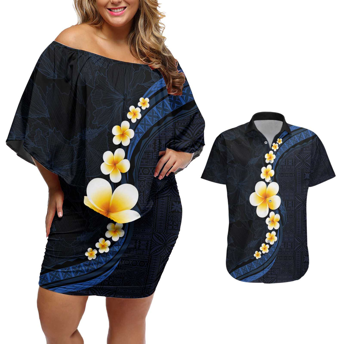 Pacific Hibiscus and Plumeria with Tapa Pattern Couples Matching Off Shoulder Short Dress and Hawaiian Shirt Dark Blue Color