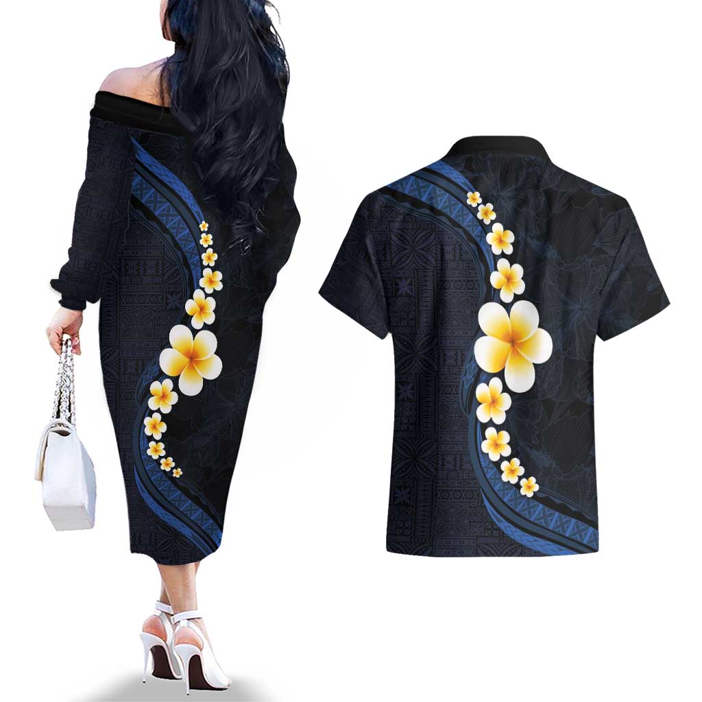 Pacific Hibiscus and Plumeria with Tapa Pattern Couples Matching Off The Shoulder Long Sleeve Dress and Hawaiian Shirt Dark Blue Color