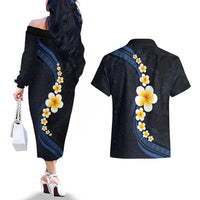 Pacific Hibiscus and Plumeria with Tapa Pattern Couples Matching Off The Shoulder Long Sleeve Dress and Hawaiian Shirt Dark Blue Color