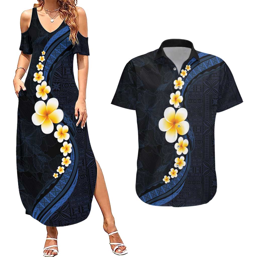 Pacific Hibiscus and Plumeria with Tapa Pattern Couples Matching Summer Maxi Dress and Hawaiian Shirt Dark Blue Color