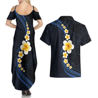 Pacific Hibiscus and Plumeria with Tapa Pattern Couples Matching Summer Maxi Dress and Hawaiian Shirt Dark Blue Color