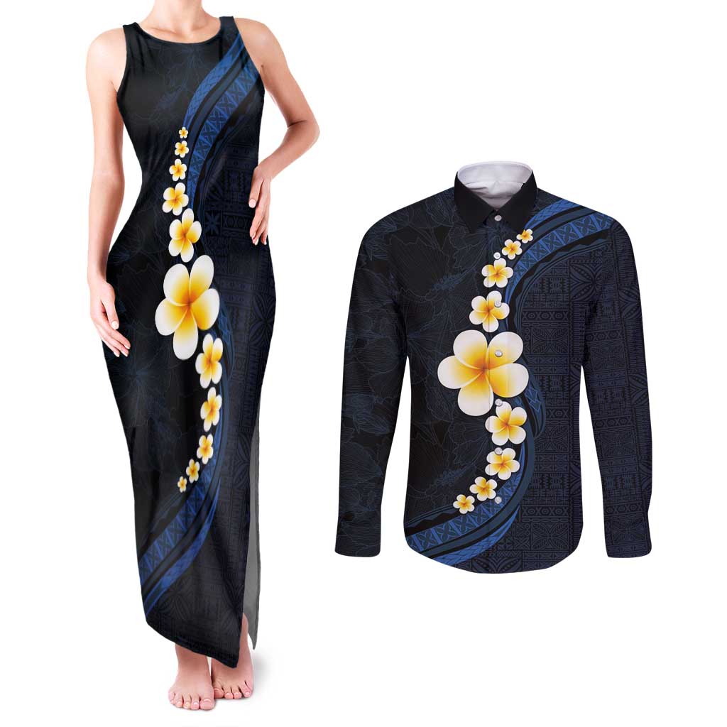 Pacific Hibiscus and Plumeria with Tapa Pattern Couples Matching Tank Maxi Dress and Long Sleeve Button Shirt Dark Blue Color