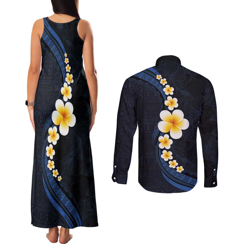 Pacific Hibiscus and Plumeria with Tapa Pattern Couples Matching Tank Maxi Dress and Long Sleeve Button Shirt Dark Blue Color