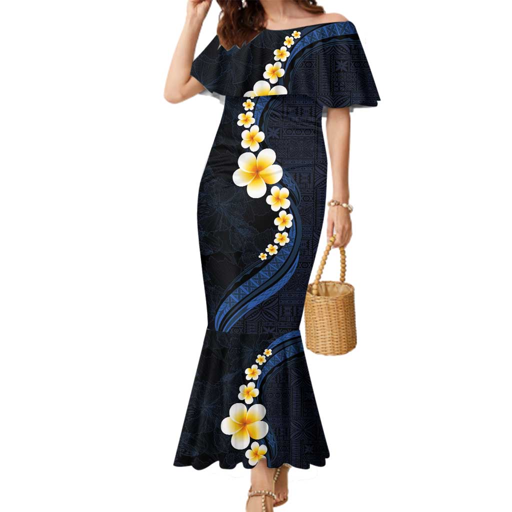 Pacific Hibiscus and Plumeria with Tapa Pattern Family Matching Mermaid Dress and Hawaiian Shirt Dark Blue Color