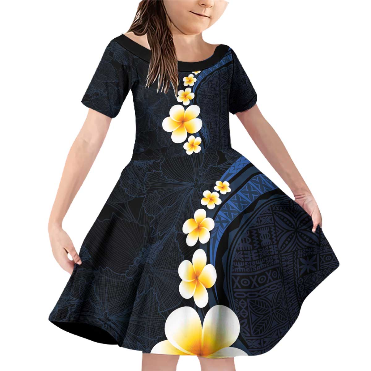 Pacific Hibiscus and Plumeria with Tapa Pattern Family Matching Off Shoulder Short Dress and Hawaiian Shirt Dark Blue Color