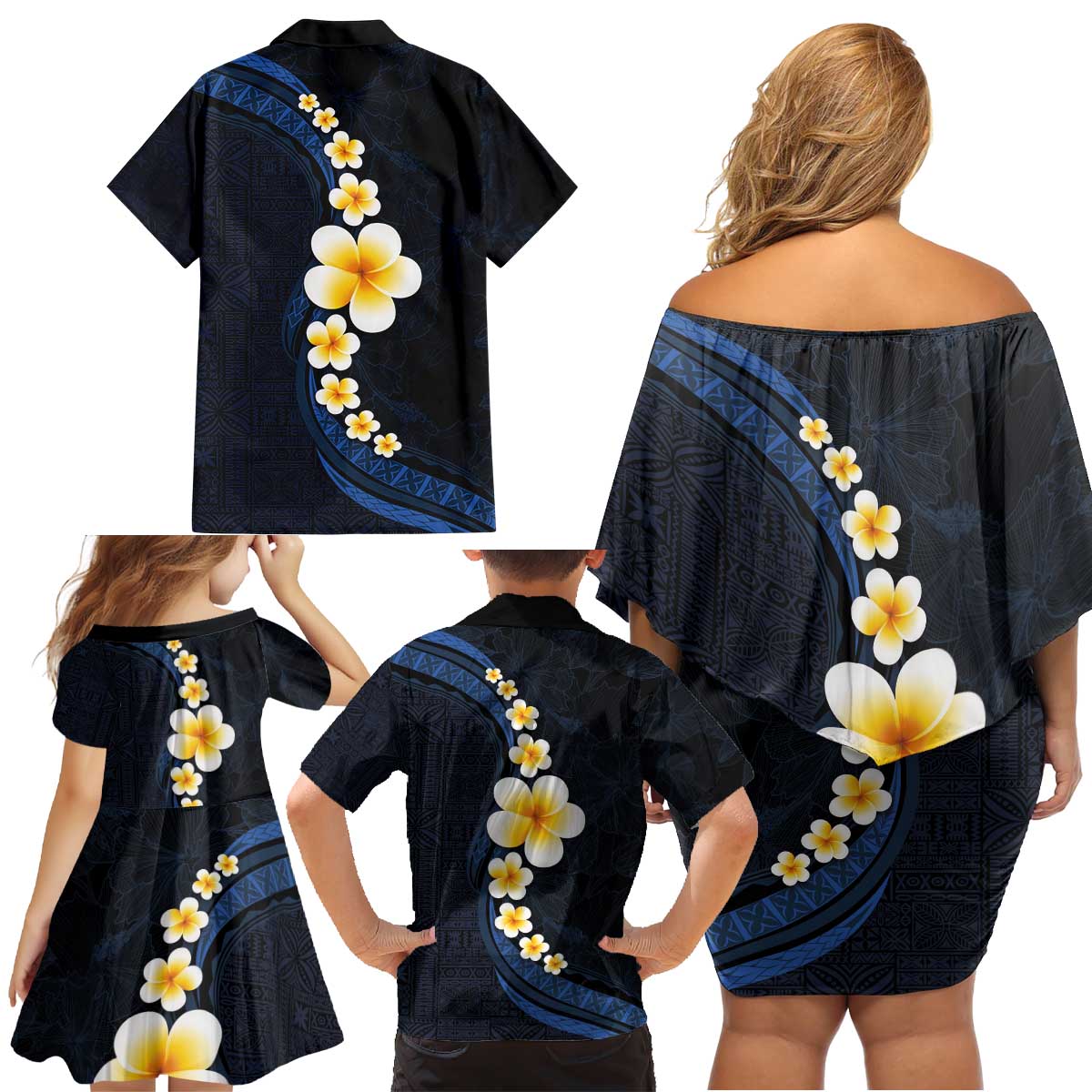 Pacific Hibiscus and Plumeria with Tapa Pattern Family Matching Off Shoulder Short Dress and Hawaiian Shirt Dark Blue Color