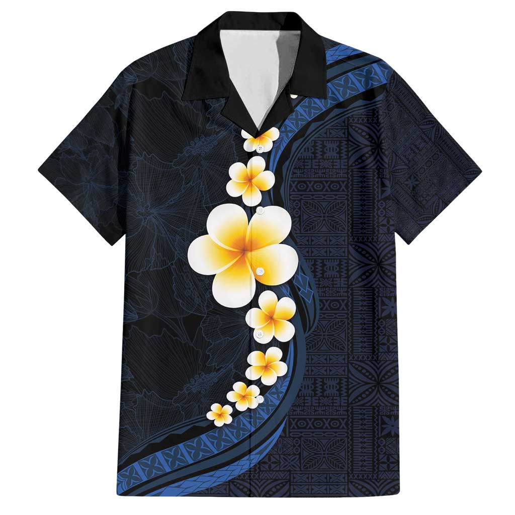 Pacific Hibiscus and Plumeria with Tapa Pattern Family Matching Tank Maxi Dress and Hawaiian Shirt Dark Blue Color