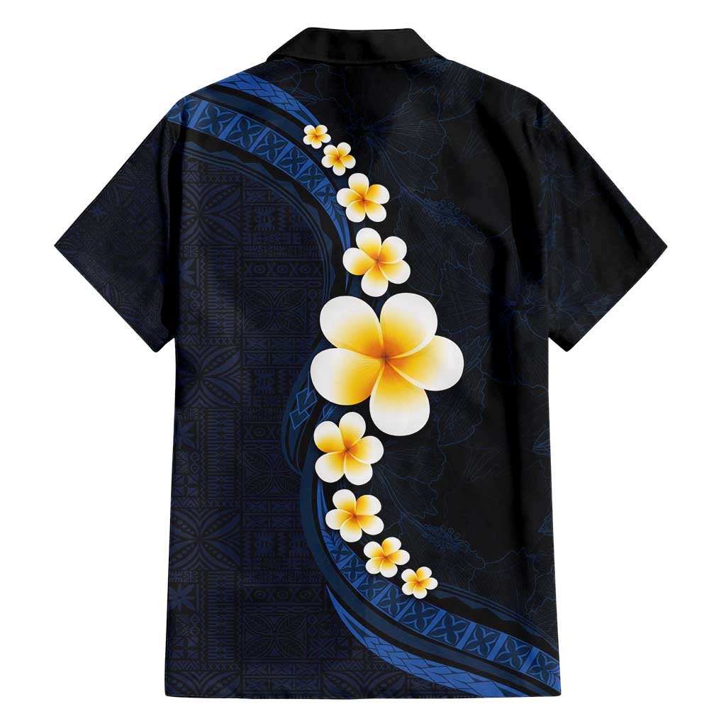 Pacific Hibiscus and Plumeria with Tapa Pattern Family Matching Tank Maxi Dress and Hawaiian Shirt Dark Blue Color