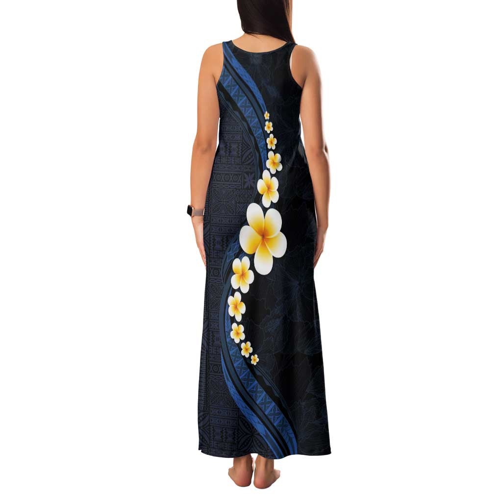 Pacific Hibiscus and Plumeria with Tapa Pattern Family Matching Tank Maxi Dress and Hawaiian Shirt Dark Blue Color