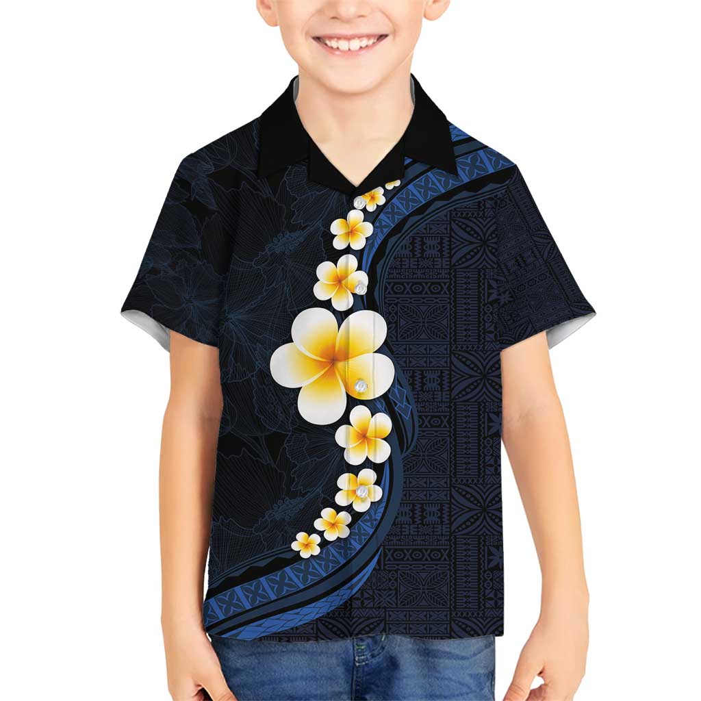 Pacific Hibiscus and Plumeria with Tapa Pattern Family Matching Tank Maxi Dress and Hawaiian Shirt Dark Blue Color