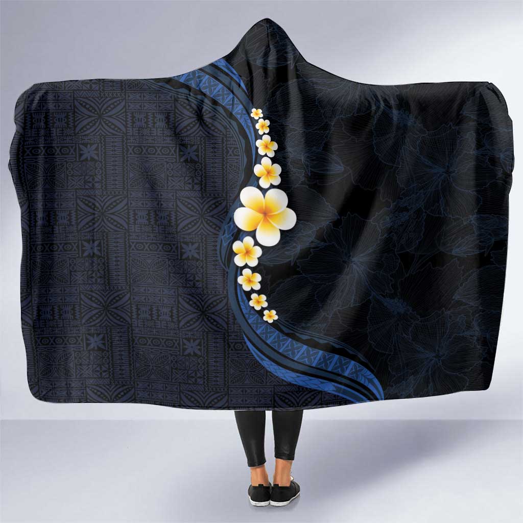 Pacific Hibiscus and Plumeria with Tapa Pattern Hooded Blanket Dark Blue Color LT03 One Size Blue - Polynesian Pride