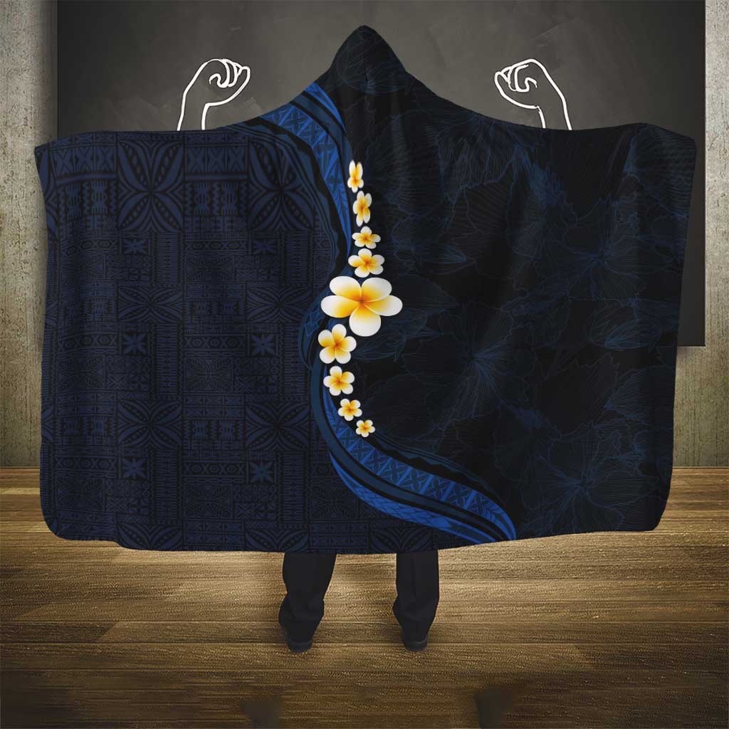 Pacific Hibiscus and Plumeria with Tapa Pattern Hooded Blanket Dark Blue Color LT03 - Polynesian Pride