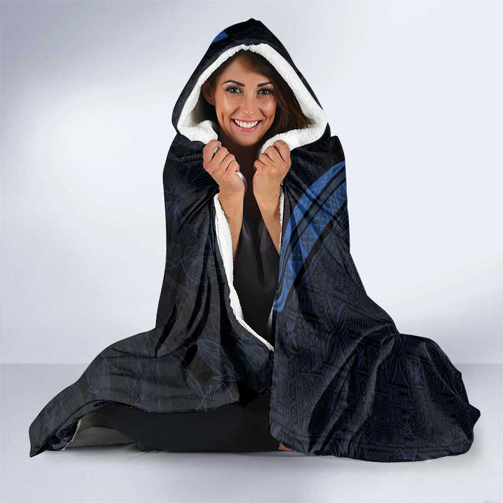 Pacific Hibiscus and Plumeria with Tapa Pattern Hooded Blanket Dark Blue Color LT03 - Polynesian Pride