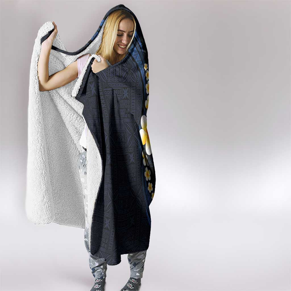 Pacific Hibiscus and Plumeria with Tapa Pattern Hooded Blanket Dark Blue Color LT03 - Polynesian Pride