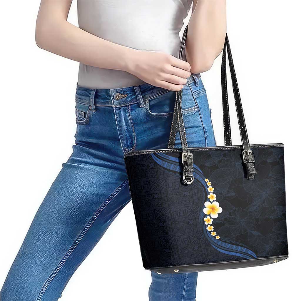 Pacific Hibiscus and Plumeria with Tapa Pattern Leather Tote Bag Dark Blue Color
