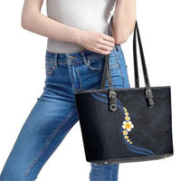 Pacific Hibiscus and Plumeria with Tapa Pattern Leather Tote Bag Dark Blue Color