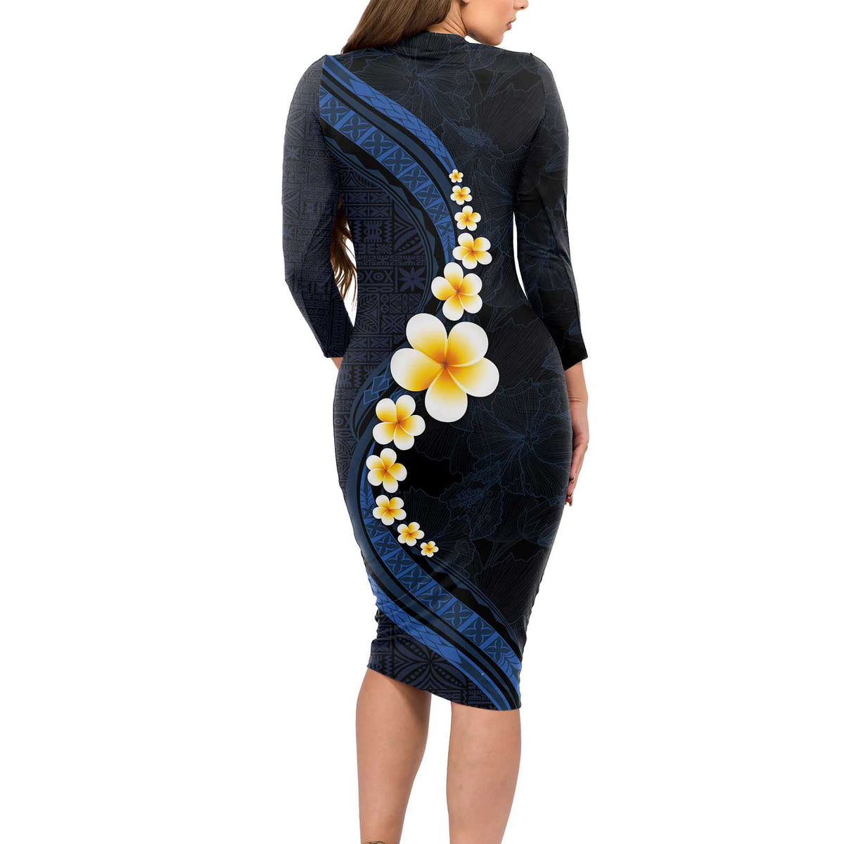 Pacific Hibiscus and Plumeria with Tapa Pattern Long Sleeve Bodycon Dress Dark Blue Color