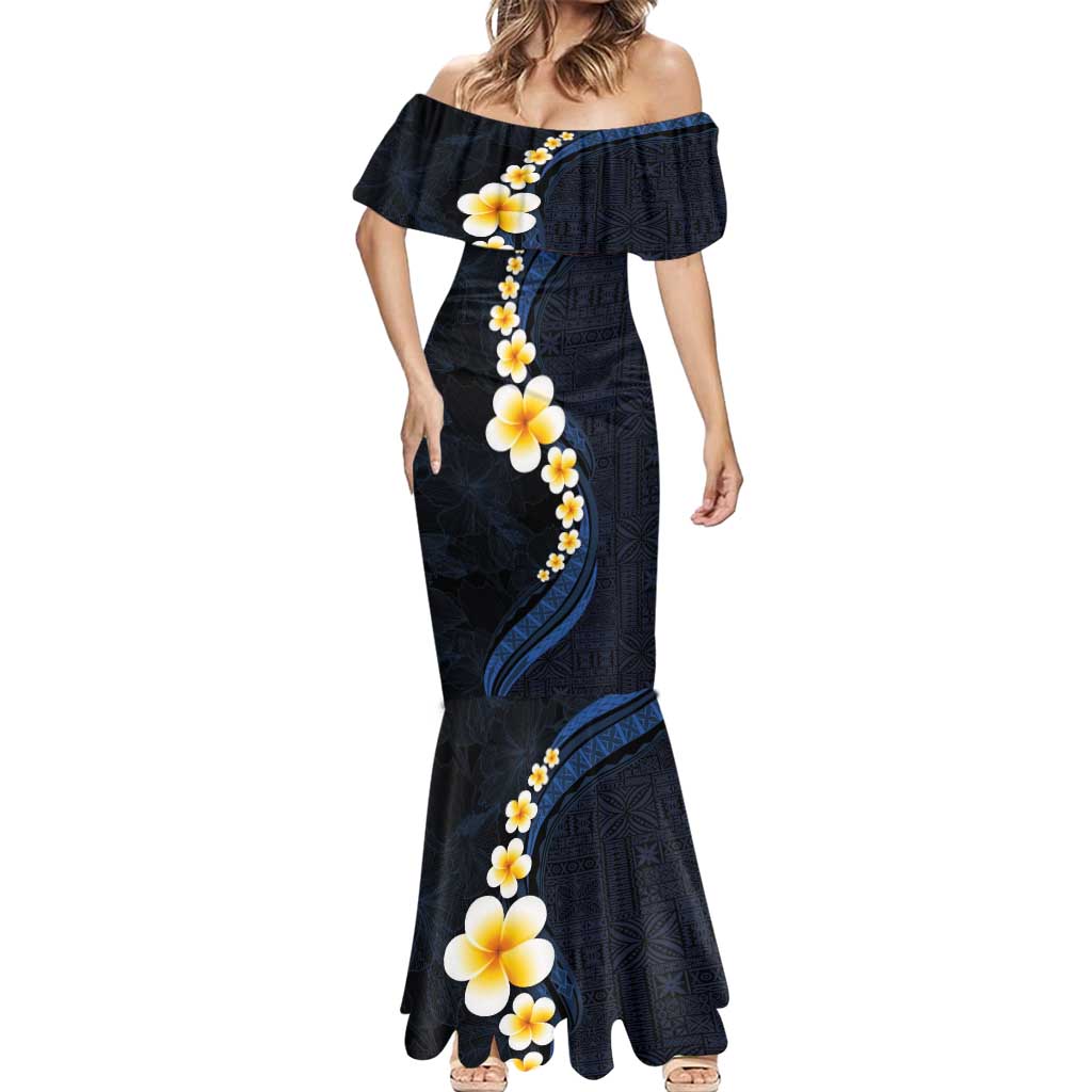 Pacific Hibiscus and Plumeria with Tapa Pattern Mermaid Dress Dark Blue Color
